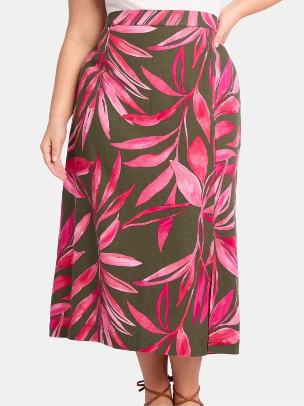 NEW Linen-Blend Pink & Olive Green Tropical Print  Skirt  - Time and Tru 22